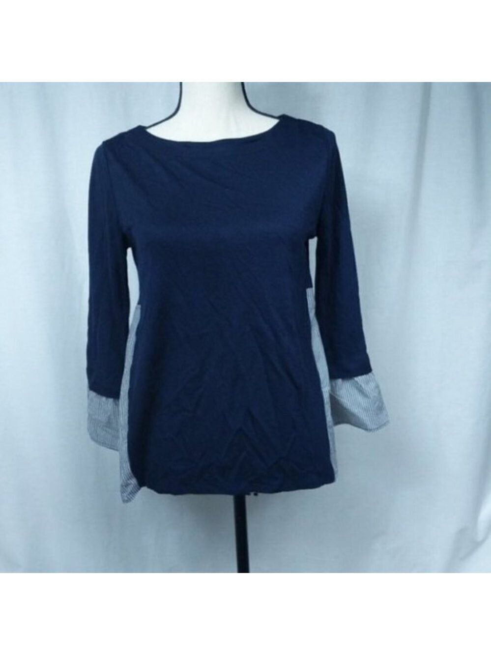 LOFT Navy Blue & White Poplin Stripes Long Sleeves Blouse Size M